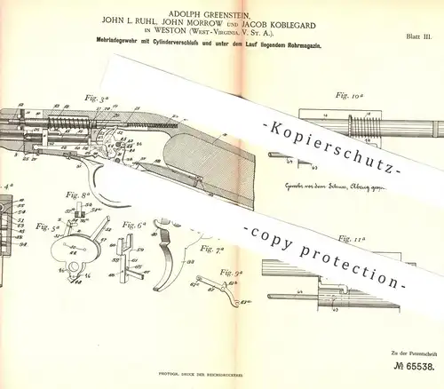 original Patent - Adolph Greenstein , John Ruhl , John Morrow , Jacob Koblegard , Weston USA | Mehrladegewehr | Gewehr