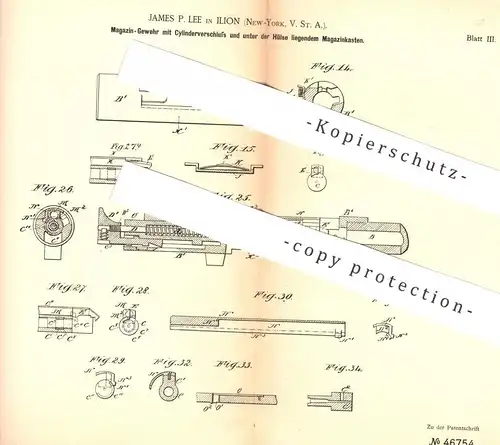 original Patent - James P. Lee , Ilion , New York , USA , 1888 , Mehrladegewehr | Waffe , Pistol , Gewehr , Revolver !!