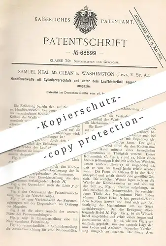 original Patent - Samuel Neal Mc Clean , Washington , Iowa , USA , 1892 , Handfeuerwaffe mit Zylinderverschluss | Pistol
