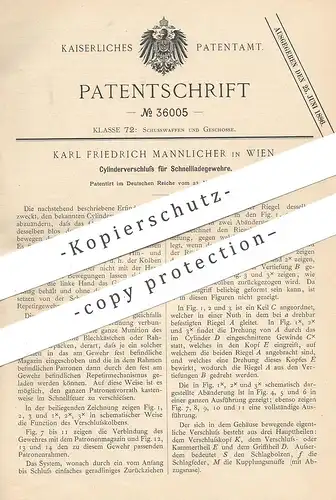 original Patent - Karl Friedrich Mannlicher , Wien , 1885 , Zylinderverschluss f. Schnelllader - Gewehr | Waffe , Pistol