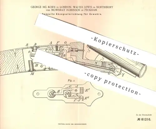 original Patent - George Mc Koen , London | Walter Lewis , Northbury | Mowbray Robinson , Peckham | Gewehr Abzug | Waffe