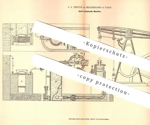 original Patent - F. A. Testud de Beauregard , Paris , Fankreich  1878 , Hydro - Dynamomaschine | Dampfmaschine , Dynamo