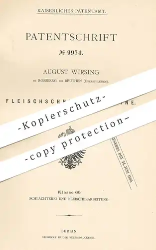 original Patent - August Wirsing , Rossberg / Beuthen , Oberschlesien , 1879 , Fleischschneidemaschine | Fleischer !!!