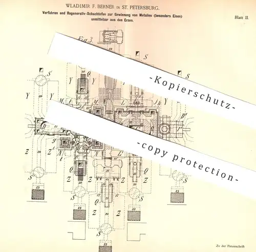 original Patent - Wladimir F. Berner , St. Petersburg , Russland , 1893 , Schachtofen für Metall , Eisen aus Erz | Ofen