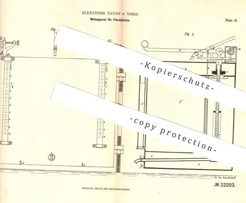 original Patent - Alexander Tavan , Nimes , Montpellier , Frankreich , 1882 , Messapparat für Flüssigkeiten !!!