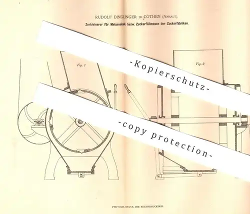 original Patent - Rudolf Dinglinger , Köthen / Anhalt , 1880 , Zerkleinerer für Melassekalk , Zuckermasse | Zuckerfabrik