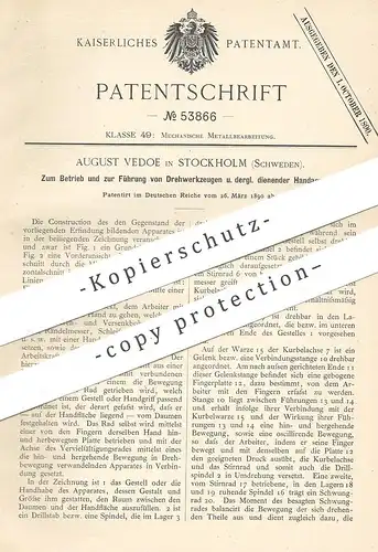 original Patent - August Vedoe , Stockholm , Schweden , 1890 , Handapparat für Drehwerkzeug | Bohren , Dreher , Drehbank