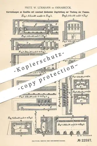 original Patent - Fritz W. Lürmann , Osnabrück , 1881 , Gasofen | Ofen für Stahl , Eisen , Glas , Chemie | Feuerung !!