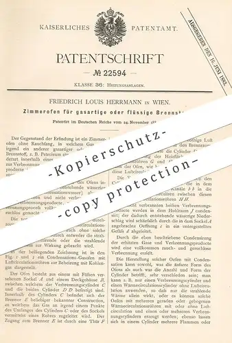 original Patent - Friedrich Louis Herrmann , Wien , 1882 , Zimmerofen für Gas o. flüssigen Brennstoff | Ofen , Ofenbauer