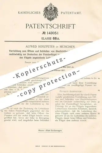 original Patent - Alfred Hinzpeter , München , 1903 , Öffnen u. Schließen der Oberlichtfenster | Fenster , Fensterbauer