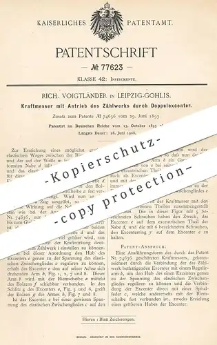 original Patent - Rich. Voigtländer , Leipzig / Gohlis , 1893 , Kraftmesser mit Zählwerk - Antrieb durch Doppelexzenter