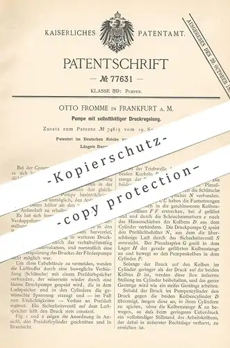 original Patent - Otto Fromme , Frankfurt / Main , 1893 , Pumpe mit selbsttätiger Druckregelung | Pumpen | Pressluft !!