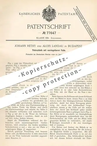 original Patent - Johann Rethy , Alois Landau , Budapest , 1894 , Türschloss mit verriegelbarer Falle | Tür - Schloss !!