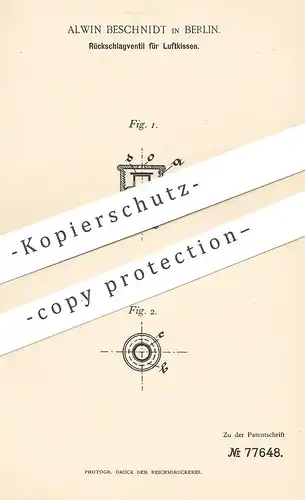 original Patent - Alwin Beschnidt , Berlin , 1894 , Rückschlagventil für Luftkissen | Ventil | Medizin , Gesundheit !!!