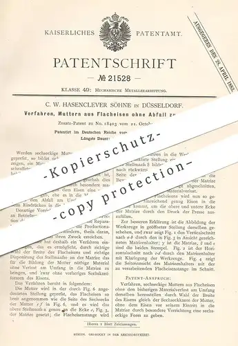 original Patent - C. W. Hasenclever Söhne , Düsseldorf , 1881 , Muttern aus Flacheisen pressen | Presse | Eisen - Mutter