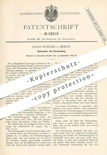 original Patent - Julius Schülke , Berlin , 1883 , Gasbrenner mit Vorwärmung | Gas - Brenner | Gaslampe , Licht , Lampe
