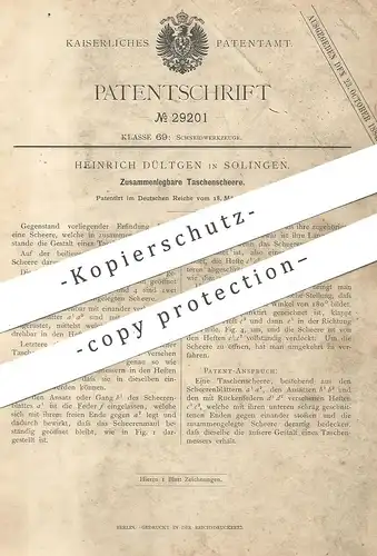 original Patent - Heinrich Dültgen , Solingen , 1884 , Zusammenlegbare Taschenschere | Schere | Taschenmesser , Messer