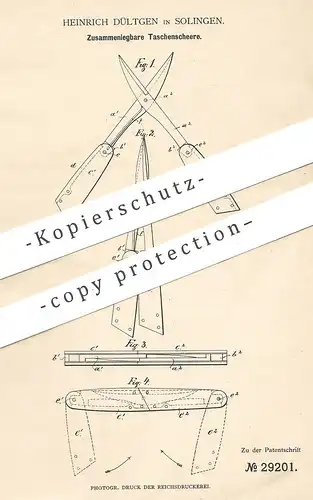 original Patent - Heinrich Dültgen , Solingen , 1884 , Zusammenlegbare Taschenschere | Schere | Taschenmesser , Messer