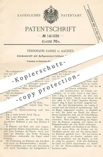original Patent - Ferdinand Radke , Aachen , 1902 , Zeichenbrett mit Aufspannvorrichtung für Papier | Bauzeichner