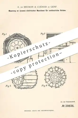 original Patent - A. de Meuron & Cuéndo , Genf , 1883 , dynamo elektrische Maschine für kontinuierlichen Strom | Magnet