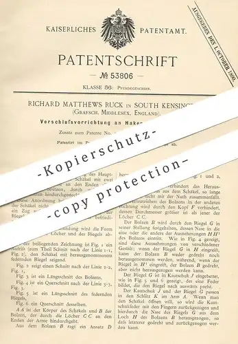 original Patent - Richard Matthews Ruck , South Kensington , Middlesex , England 1890 , Verschluss an Haken o. Schäkel