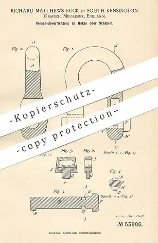 original Patent - Richard Matthews Ruck , South Kensington , Middlesex , England 1890 , Verschluss an Haken o. Schäkel