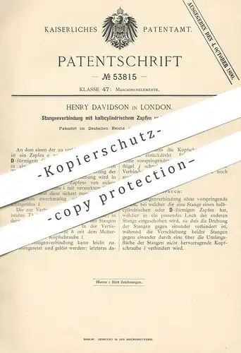 original Patent - Henry Davidson , London , 1890 , Stangenverbindung mit halbzylindrischen Zapfen | Stange , Motor !!