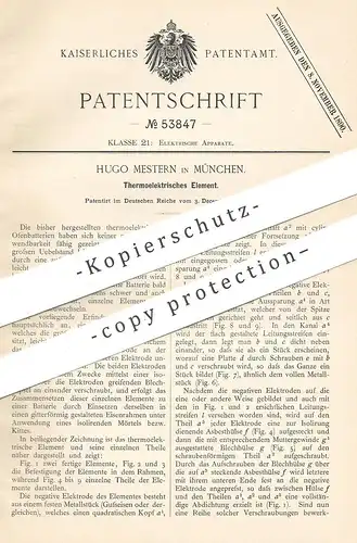original Patent - Hugo Meistern , München , 1889 , Thermoelektrisches Element | Ofen - Batterie | Elektrik , Strom !!