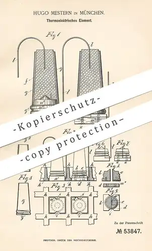 original Patent - Hugo Meistern , München , 1889 , Thermoelektrisches Element | Ofen - Batterie | Elektrik , Strom !!