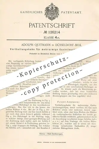 original Patent - Adpolh Quitmann , Düsseldorf / Bilk , 1900 , Verteilungshahn für Gaslampen | Gas , Lampe , Brenner