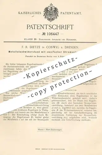 original Patent - F. R. Dietze , Dresden / Coswig , 1899 , Metallstaubwiderstand mit Stromunterbrechung | Widerstand