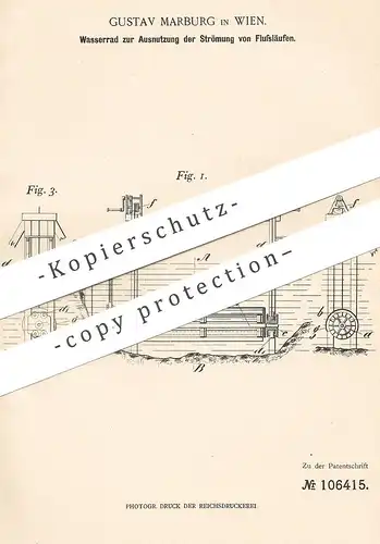 original Patent - Gustav Marburg , Wien , 1899 , Wasserrad | Wasserkraft , Fluss , Wasser , Schiff , Schifffahrt , Strom