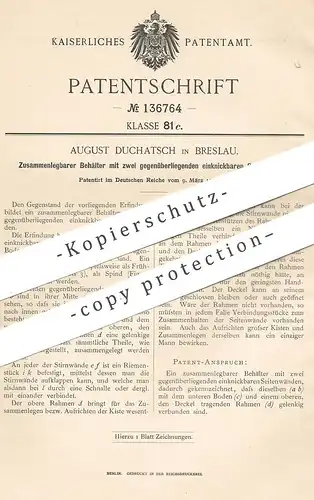 original Patent - August Duchatsch , Breslau , 1902 , Zusammenlegbarer Behälter | Kasten , Kiste , Karton , Holz !!!