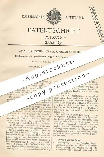 original Patent - Amalie Kirschning geb. Urbschat , Berlin , 1901 , Dichtungsring aus Pappe , Asbestpappe | Dichtung