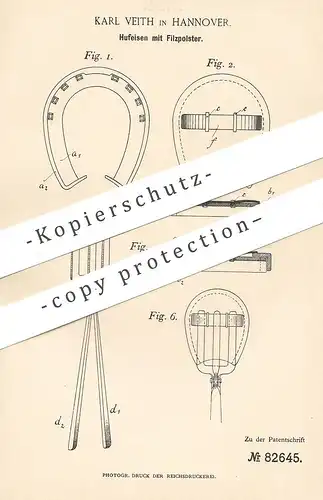 original Patent - Karl Veith , Hannover , 1894 , Hufeisen mit Filzpolster | Huf - Eisen | Hufschmied , Schmied , Pferd !