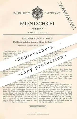 original Patent - Johannes Busch , Berlin , 1890 , Windsichere Anzündvorrichtung an Hülsen für Zündholz - Schachtel !!