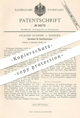 original Patent - Richard Scheibe , Dresden , 1890 , Sturmband für Kopfbedeckungen | Mütze , Mützen , Hut | Modist !!!