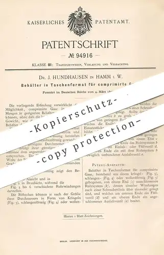 original Patent - Dr. J. Hundhausen , Hamm , 1897 , Behälter in Taschenformat für komprimierte Gase | Gas , Gasflasche