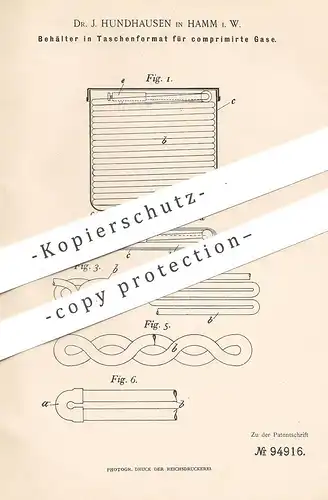 original Patent - Dr. J. Hundhausen , Hamm , 1897 , Behälter in Taschenformat für komprimierte Gase | Gas , Gasflasche