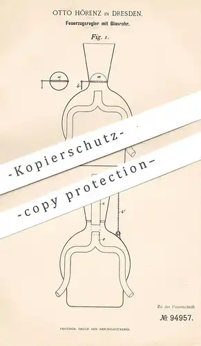 original Patent - Otto Hörenz , Dresden , 1897 , Feuerzugsregler mit Blasrohr | Feuerung , Ofen , Heizung , Schornstein