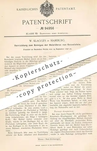 original Patent - W. Klagges , Hamburg , 1896 , Reinigen der Heizröhren von Kesselstein | Dampfkessel , Kessel , Heizung