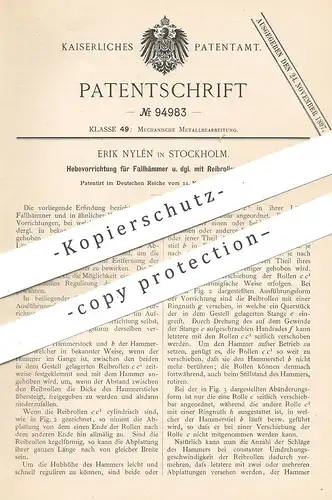 original Patent - Erik Nylén , Stockholm , Schweden , 1896 , Hebevorrichtung für Fallhammer | Hammer , Metall , Antrieb