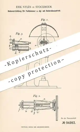 original Patent - Erik Nylén , Stockholm , Schweden , 1896 , Hebevorrichtung für Fallhammer | Hammer , Metall , Antrieb