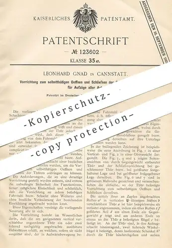 original Patent - Leonhard Gnad , Cannstatt , Stuttgart , 1900 , Schachtzugangstüren für Aufzüge | Aufzug , Fahrstuhl