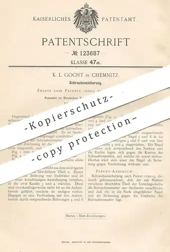 original Patent - K. L. Gocht , Chemnitz , 1901 , Schraubensicherung | Schrauben , Schraube | Werkzeug , Schlosser !!!