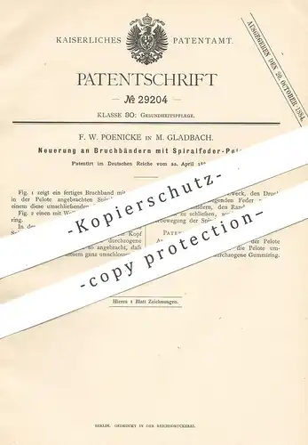 original Patent - F. W. Poenicke , Mönchengladbach 1884 , Bruchband mit Spiralfeder - Pelotte | Verband , Arzt , Medizin
