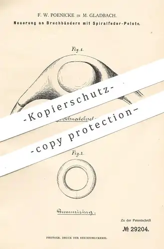 original Patent - F. W. Poenicke , Mönchengladbach 1884 , Bruchband mit Spiralfeder - Pelotte | Verband , Arzt , Medizin