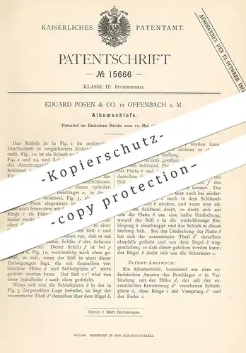original Patent - Eduard Posen & Co. , Offenbach / Main 1881 , Albumschloss | Buch - Schloss | Buchbinder , Buchbinderei
