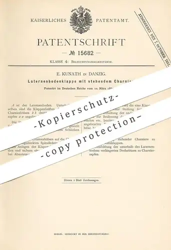 original Patent - E. Kunath , Danzig , 1881 , Laternenbodenklappe mit Scharnier | Laterne , Lampe , Lampen , Licht !!