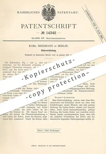 original Patent - Karl Beermann , Berlin 1881 , Rohrverbindung | Rohr Verbindung | Rohre , Röhren , Flantsch | Klempner